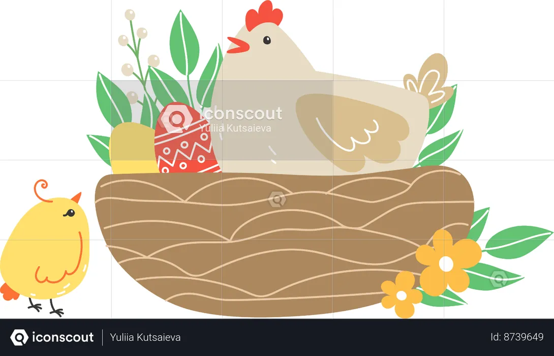 Hen And Chicks And Painted Eggs In Nest For Holiday  Illustration