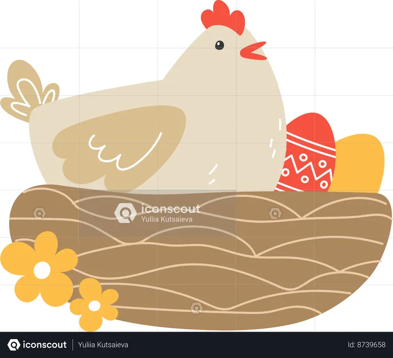 Hen And Painted Eggs In Nest For Holiday  Illustration