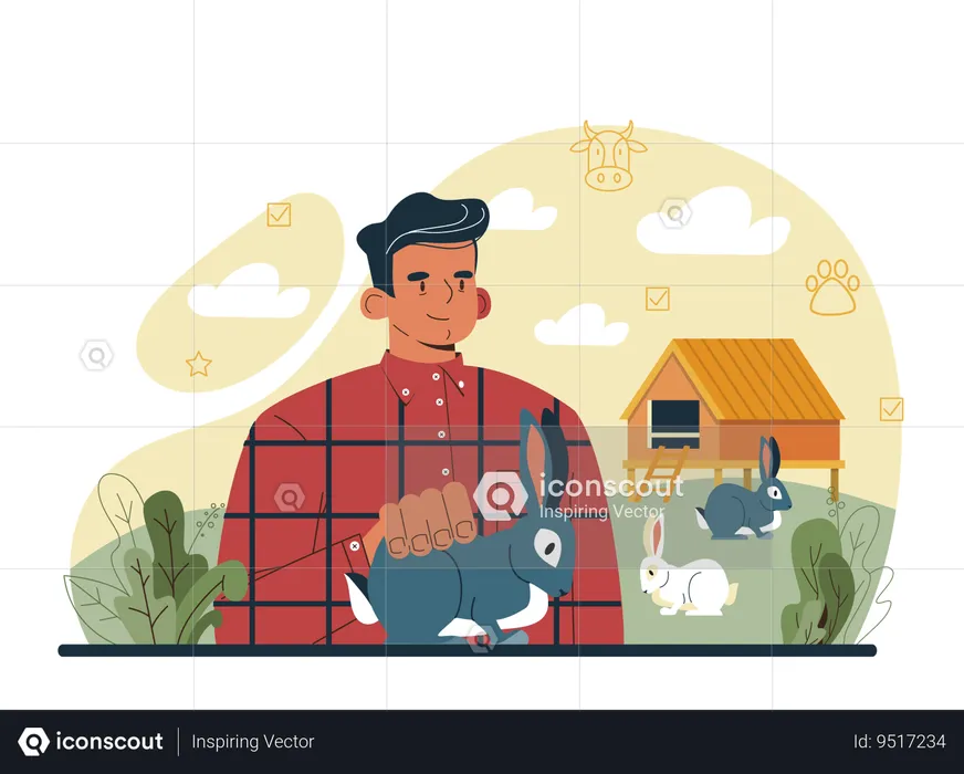 Herdsman taking care of rabbits  Illustration