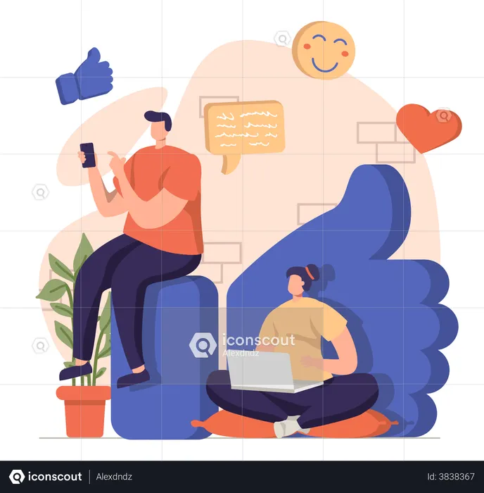 Hermanos que utilizan la plataforma de redes sociales  Ilustración