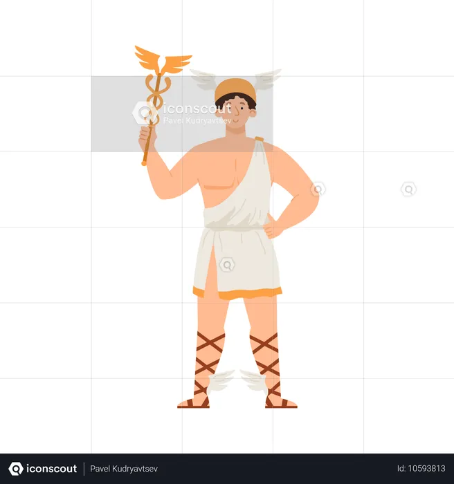 Hermès Mercure dieu grec avec baguette et sandales ailées  Illustration