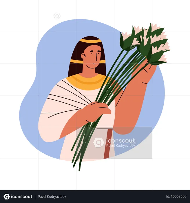 Hermosa mujer egipcia con flores.  Ilustración