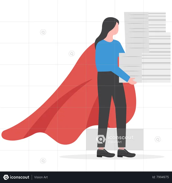 Hero woman mother doing office work and homework alone  Illustration