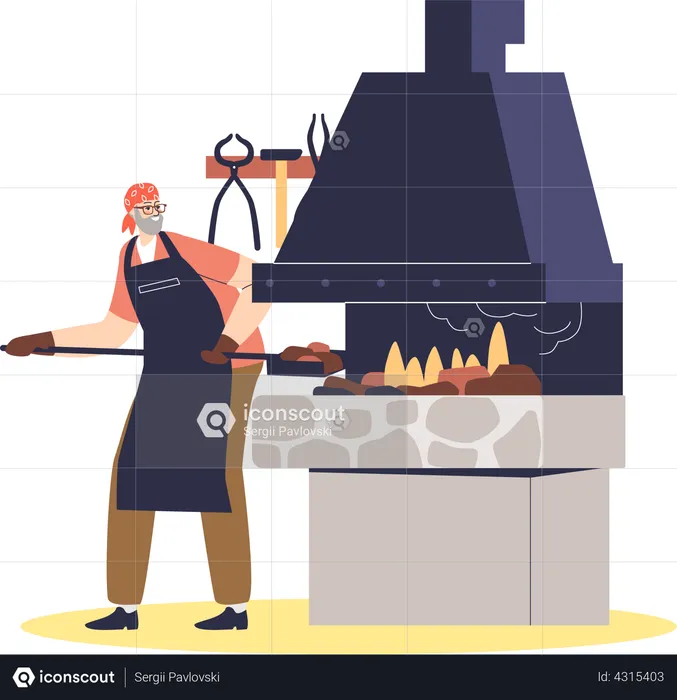 Herrero en el trabajo disparando acero metálico en horno en taller de carpintería metálica  Ilustración