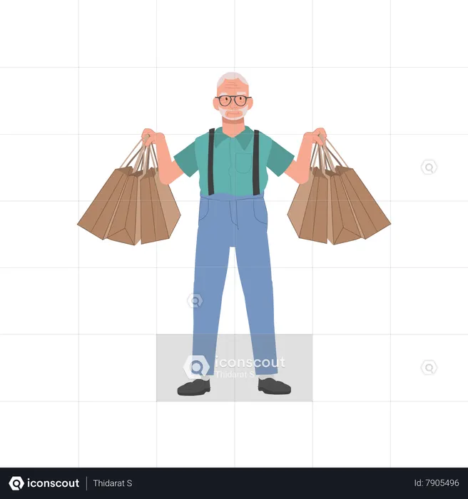 Heureux grand-père tenant des sacs à provisions  Illustration