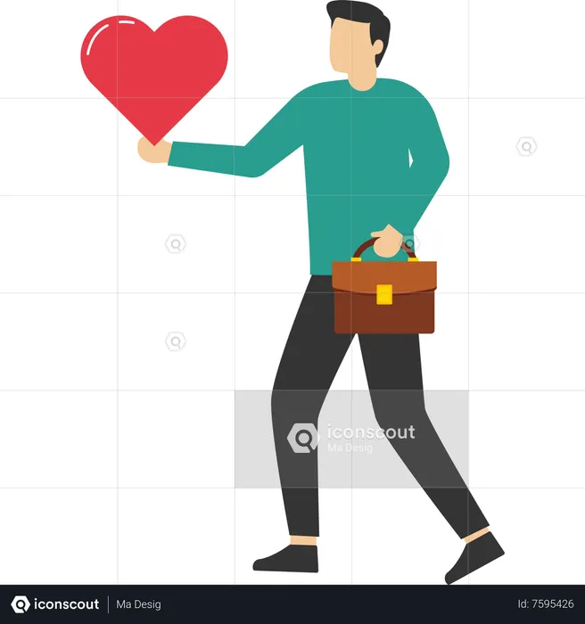 Homme d'affaires heureux tenant la forme de coeur passionné marchant au travail  Illustration