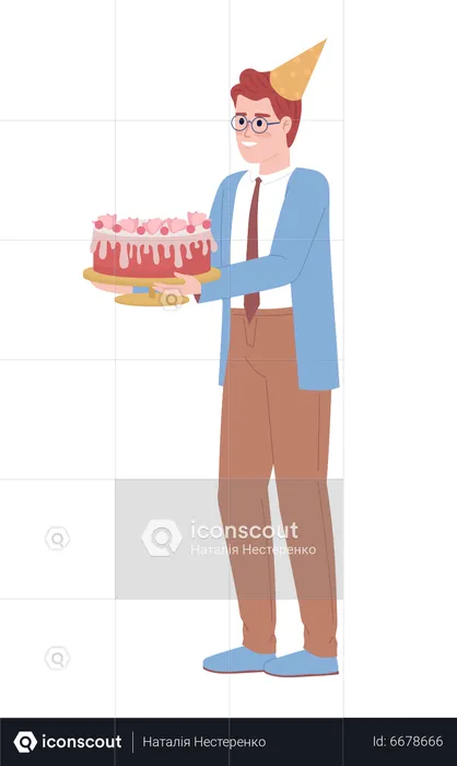 Heureux employé de bureau masculin tenant un gâteau d'anniversaire  Illustration