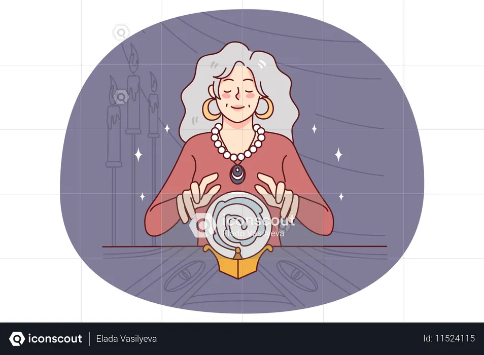 Hexe mit Kristallkugel, die die Zukunft vorhersagt  Illustration