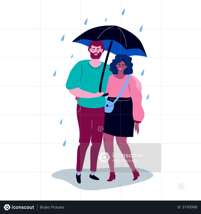 High quality scene with a boy and a girl in casual clothes standing under the umbrella on a rainy day, hugging each other  Illustration