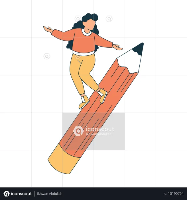 High school girl surfing on giant pencil  Illustration