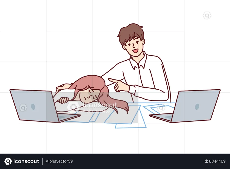 High school student boy sits at table pointing at sleeping classmate in need of rest  Illustration