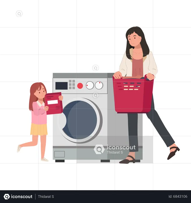 Hija ayuda a su madre a lavar ropa  Ilustración