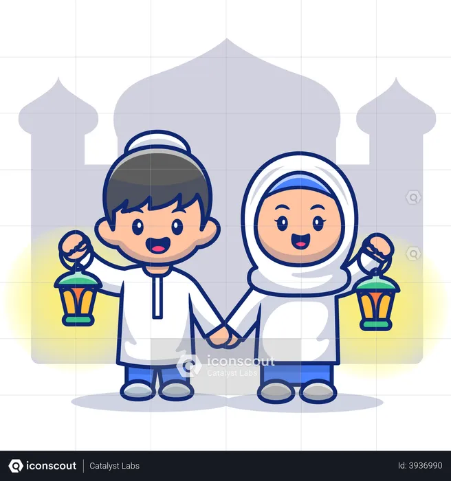Hijab couple holding lanterns and standing together  Illustration