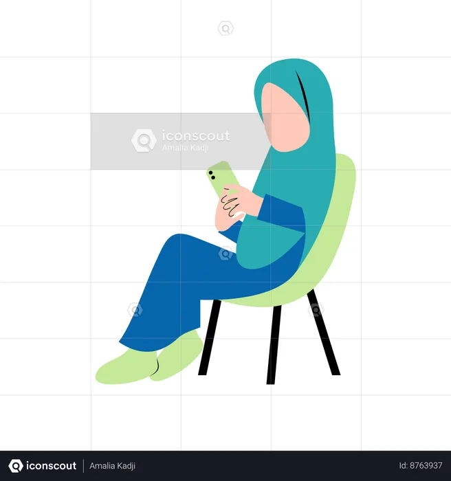 Femme Hijab Jouant Sur Un Smartphone Sur Une Chaise  Illustration