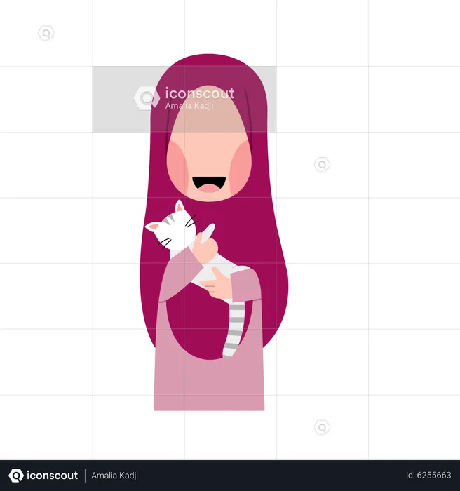 Fille Hijab Avec Chat  Illustration