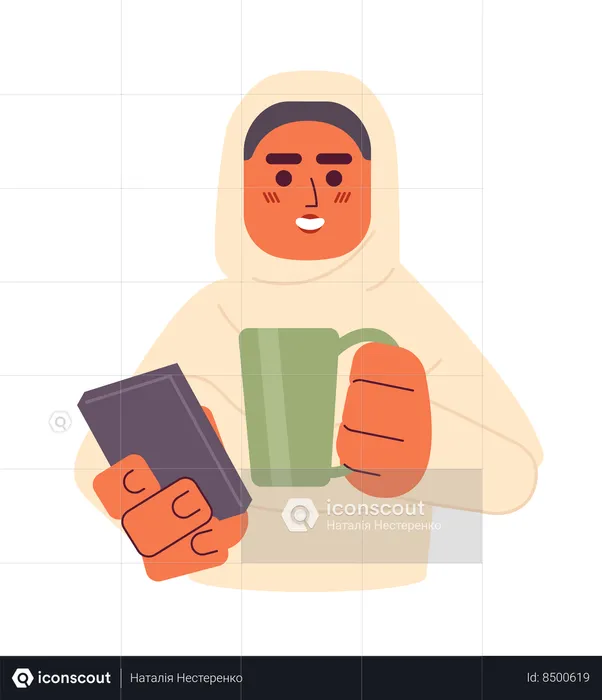 Hijab girl holding phone and drinking tea  Illustration