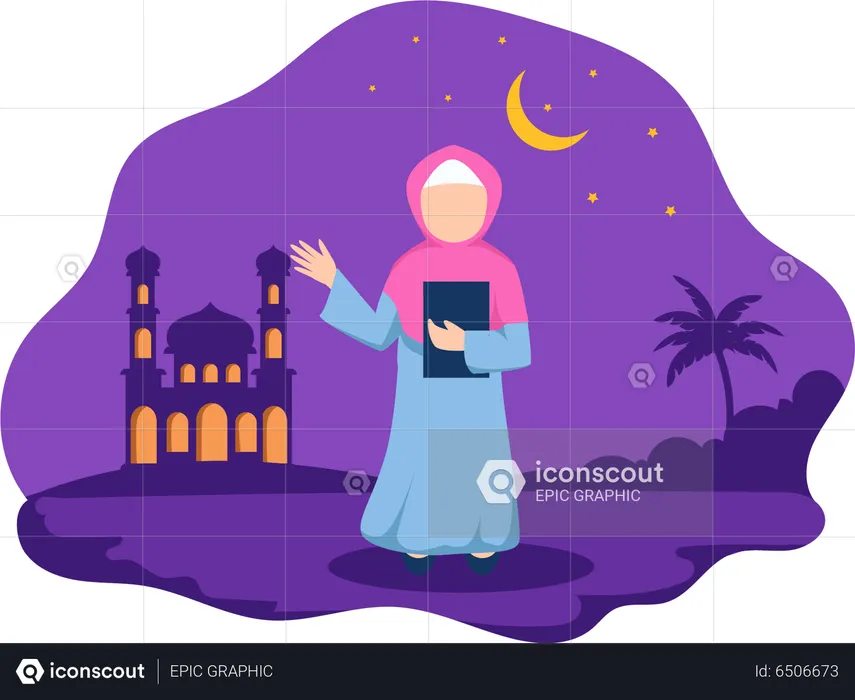 Hijab girl holding Quran while waving hand  Illustration
