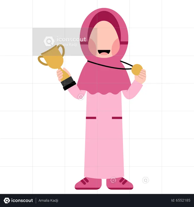 Hijab girl holding trophy cup and medal  Illustration