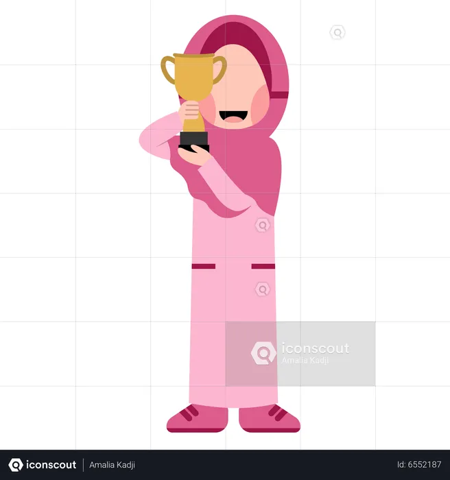 Hijab Girl Holding Trophy  Illustration