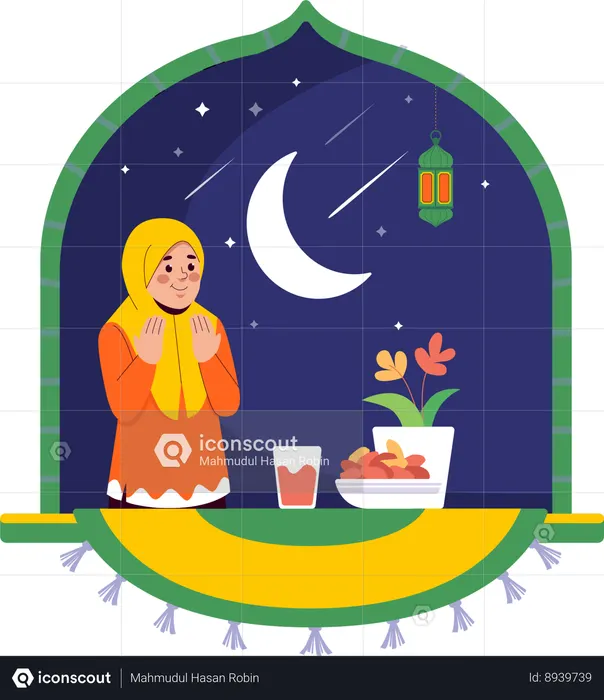 Hijab Girl Iftar Prayer  Illustration