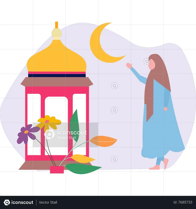 Hijab girl looking at moon  Illustration