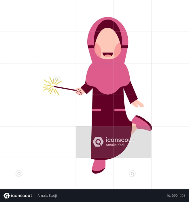 Garota Hijab segurando fogos de artifício  Ilustração