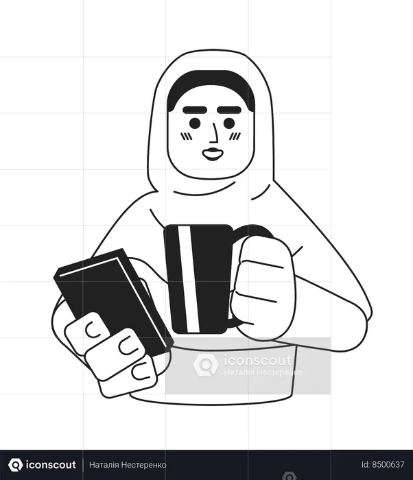 Garota hijab segurando o telefone e bebendo chá  Ilustração