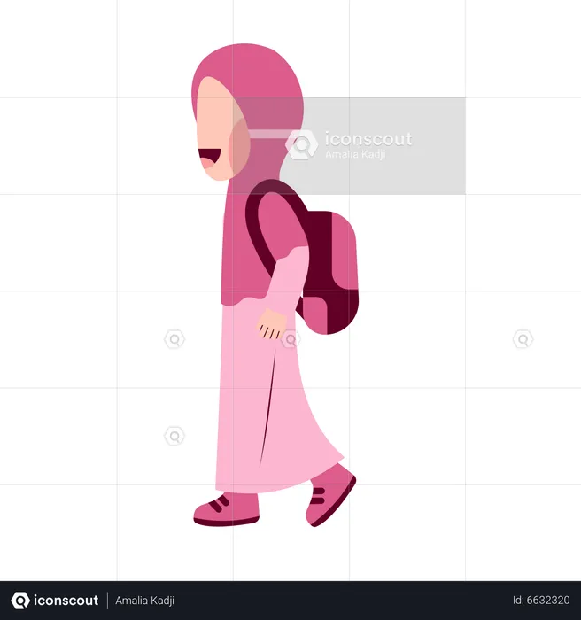 Hijab Girl Student With Schoolbag Walking  Illustration