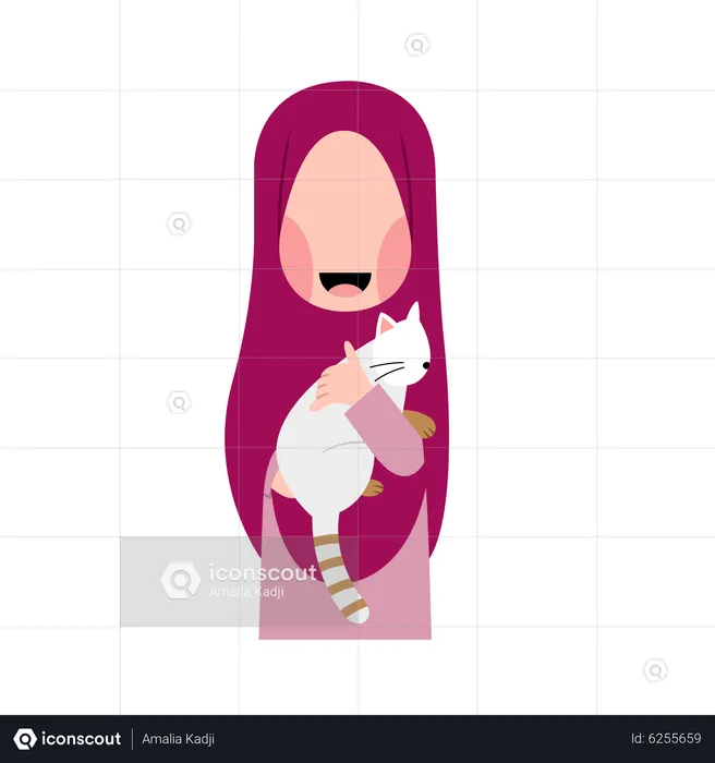 Hijab Girl With Cat  Illustration