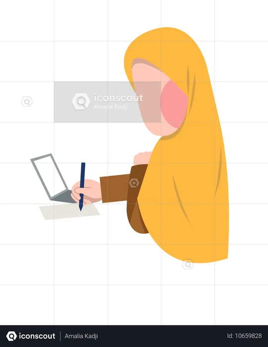 Hijab girl write note while working at office  Illustration