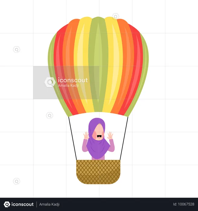 Menina de hijab andando de balão de ar quente  Ilustração