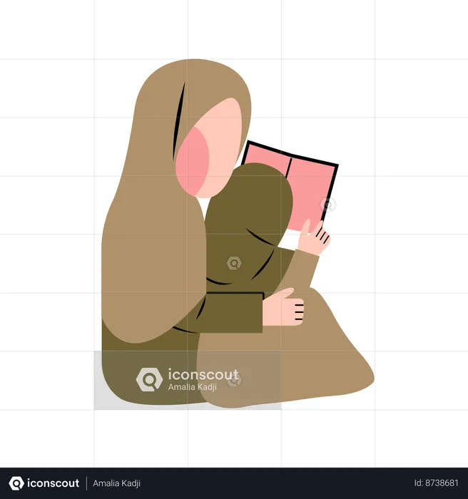 Hijab Mother And Daughter Reading Together  Illustration
