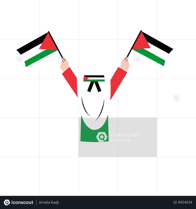 Mujer hijab con bandera palestina  Ilustración