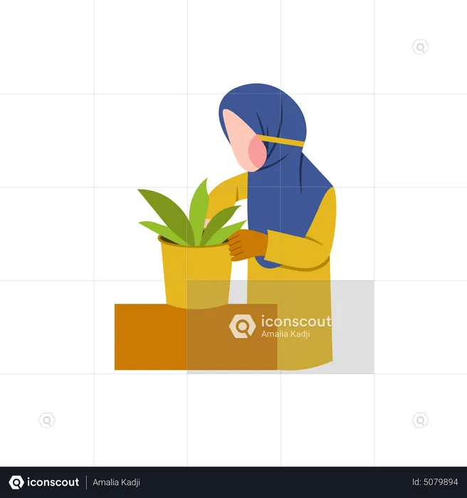 Mujer hijab cuidando la planta  Ilustración