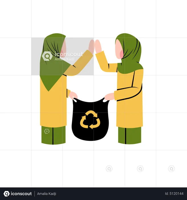 Mujer hijab recogiendo residuos  Ilustración