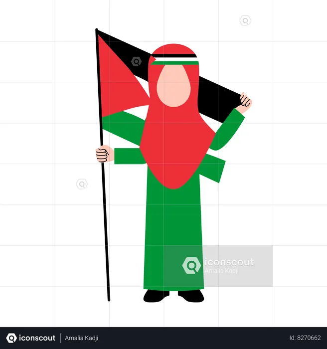 Mujer Hijab Sosteniendo Bandera Palestina  Ilustración