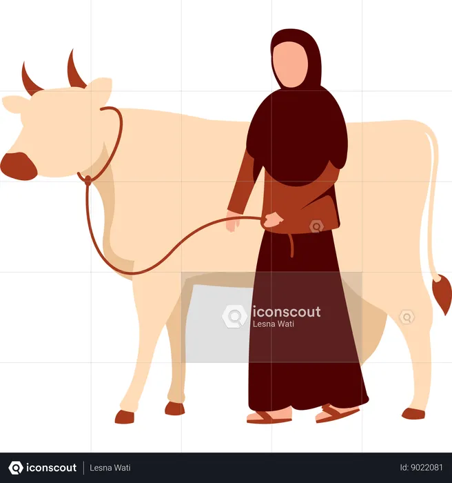 Mulher hijab fica com vaca  Ilustração