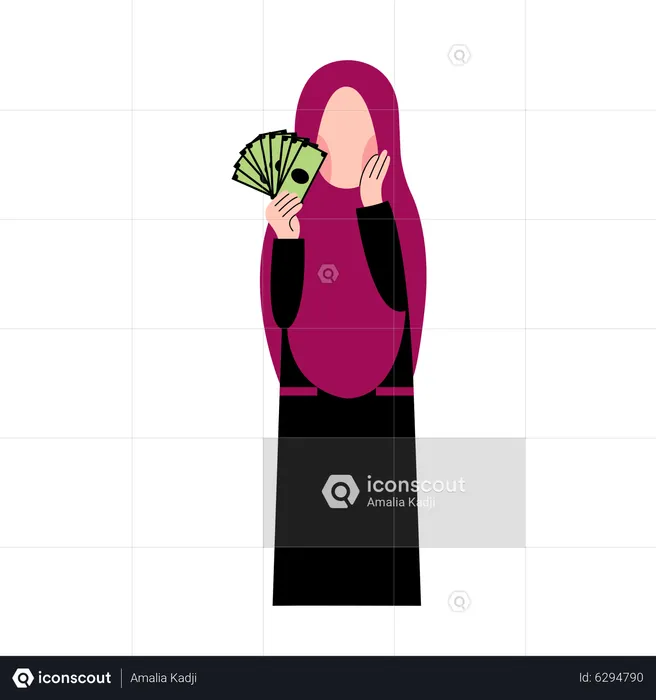 Mulher hijab segurando dinheiro  Ilustração