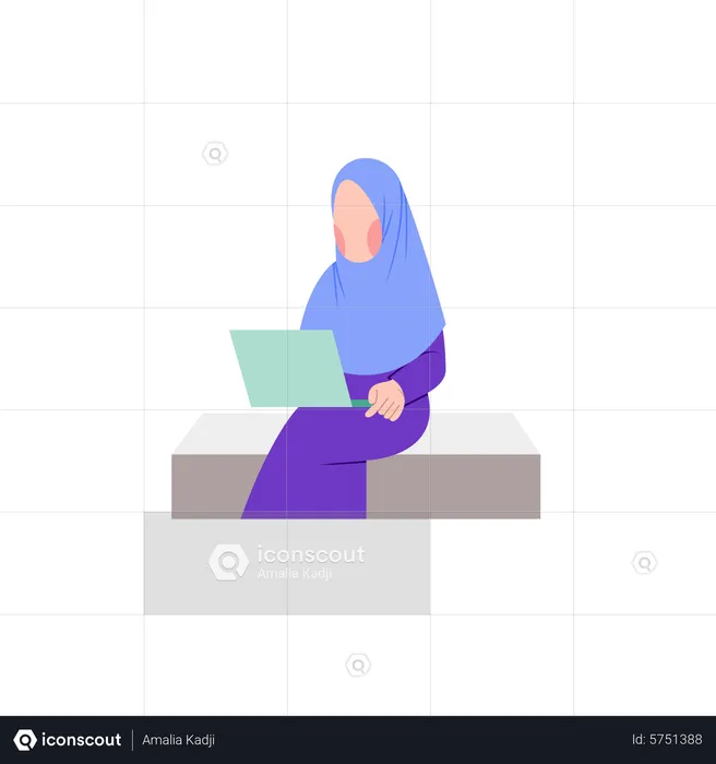 Hijab Student learning on laptop  Illustration