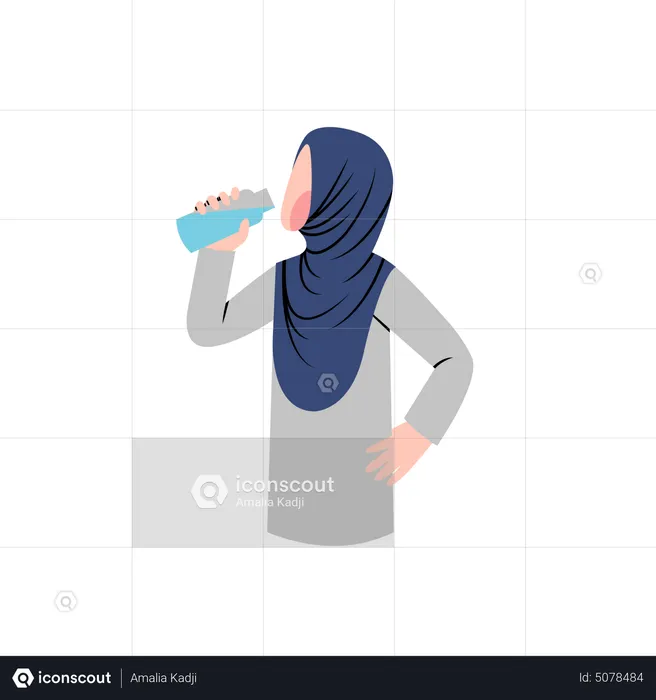 Hijab woman drink water from bottle  Illustration