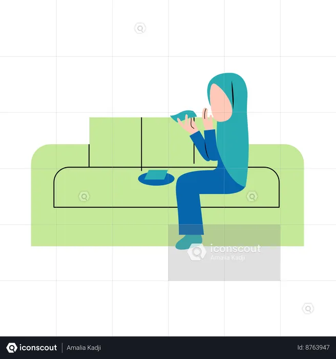 Hijab Woman Eating Snack On Sofa  Illustration