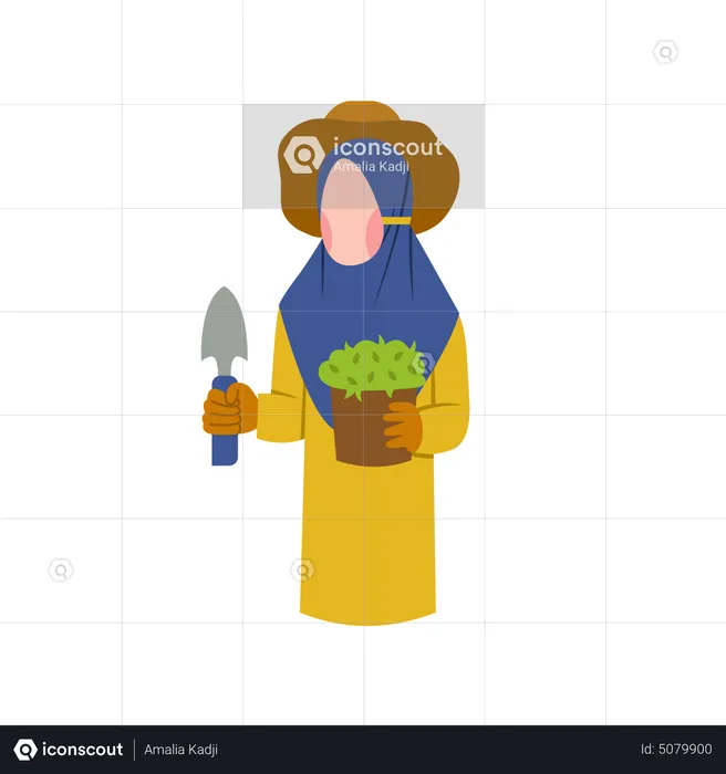 Hijab woman growing plant sapling  Illustration