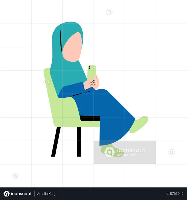 Hijab Woman Playing Smartphone On Chair  Illustration