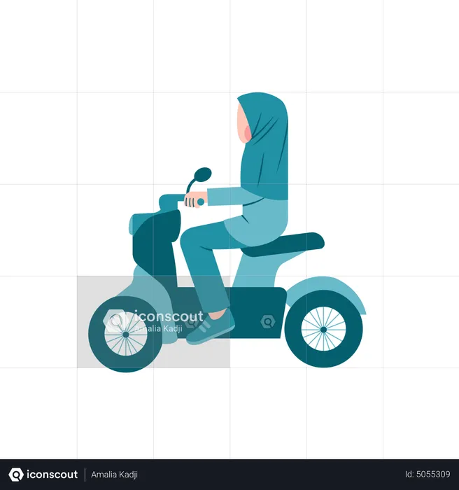 Hijab Woman Riding Motorbike Scooter  Illustration