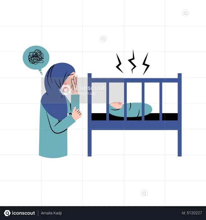 Hijab woman suffer from postpartum syndrome  Illustration