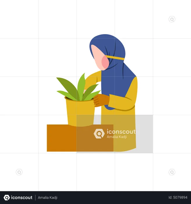 Hijab woman taking care of plant  Illustration