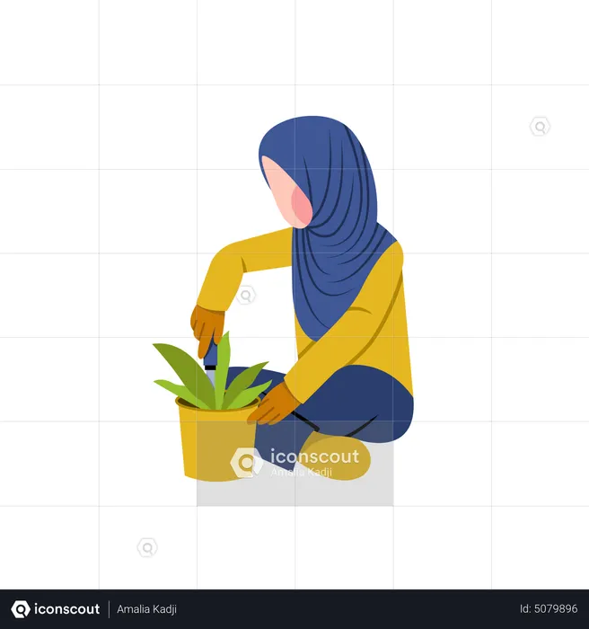 Hijab woman taking care of plant  Illustration
