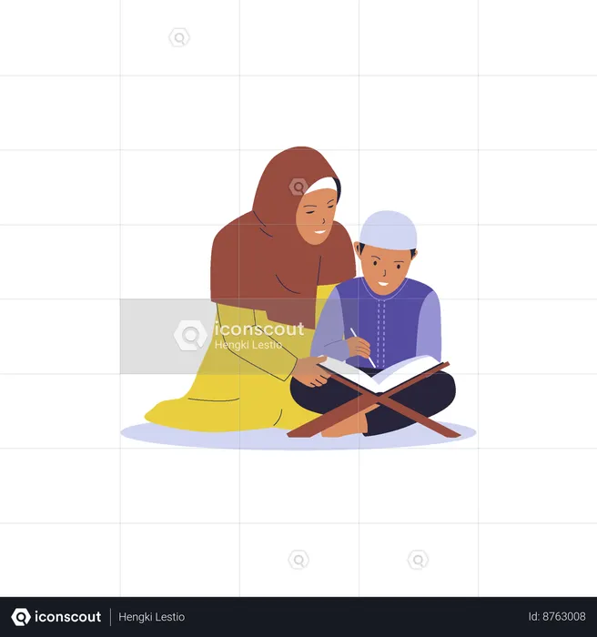 Hijab woman teaching quran to little boy  Illustration