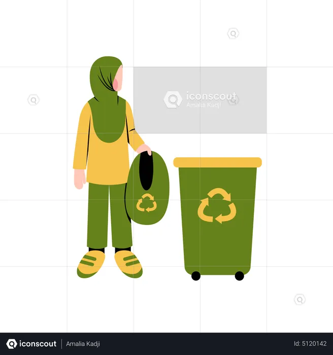 Hijab woman throw waste into bin  Illustration