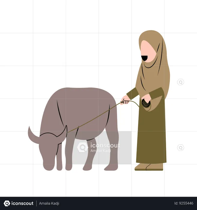 Hijab Woman With Buffalo  Illustration